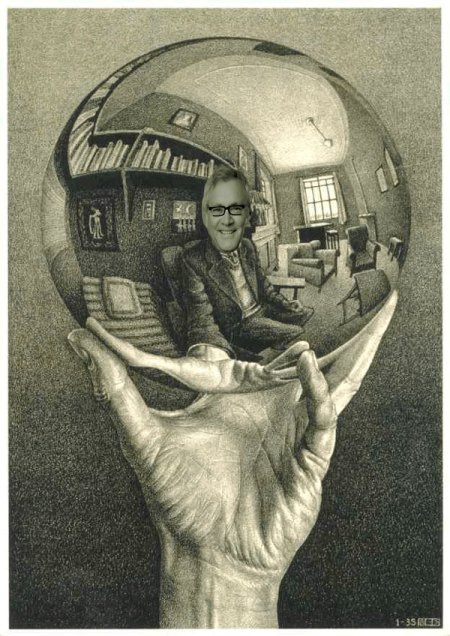 ESCHER famous etching of a man gazing into a crystal ball ruined by putting Losey's face into it